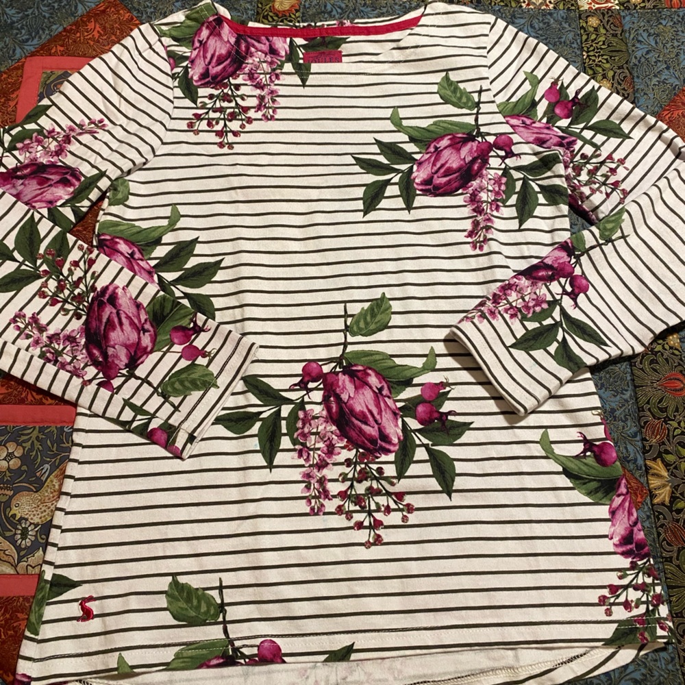 Joules Shirt Size 8 Womens Navy White Harbour Print Cotton Knit Top Long Sleeve